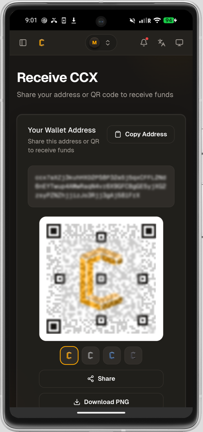 Conceal Mobile receive screen with the wallet address and QR code blurred.