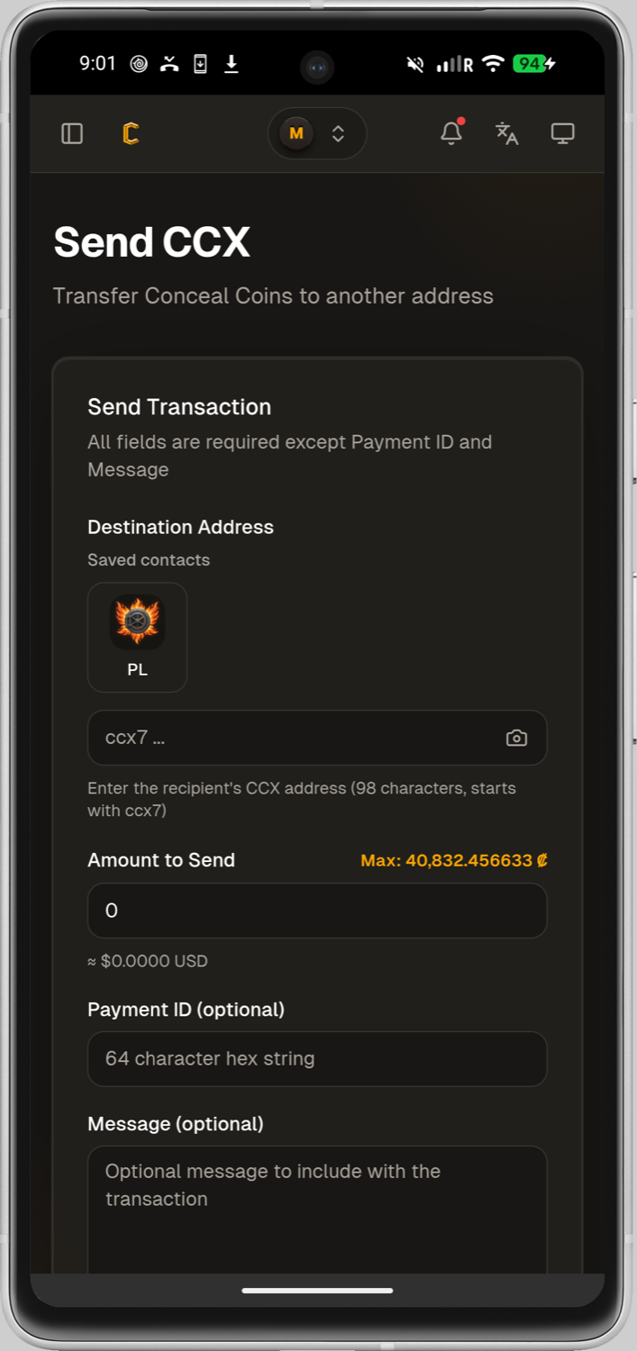 Conceal Mobile send form with destination address, amount, payment ID and message fields.
