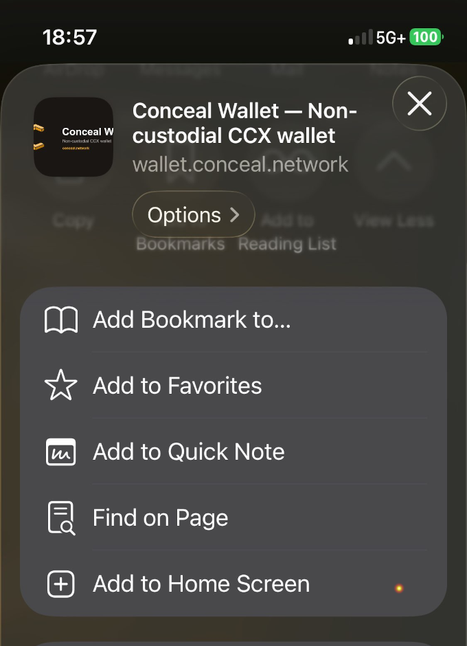 iOS share sheet with Add to Home Screen highlighted for wallet.conceal.network.