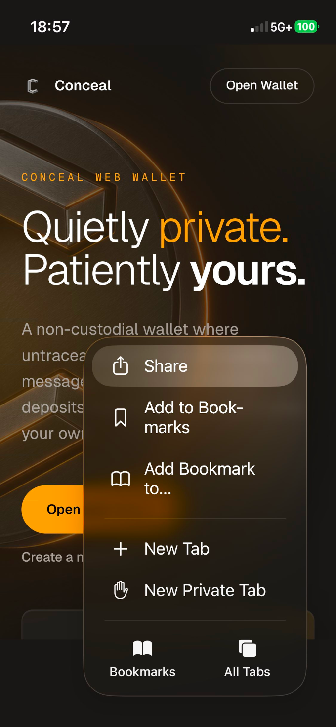 Safari on iPhone showing the page menu with Share selected over the Conceal wallet landing page.