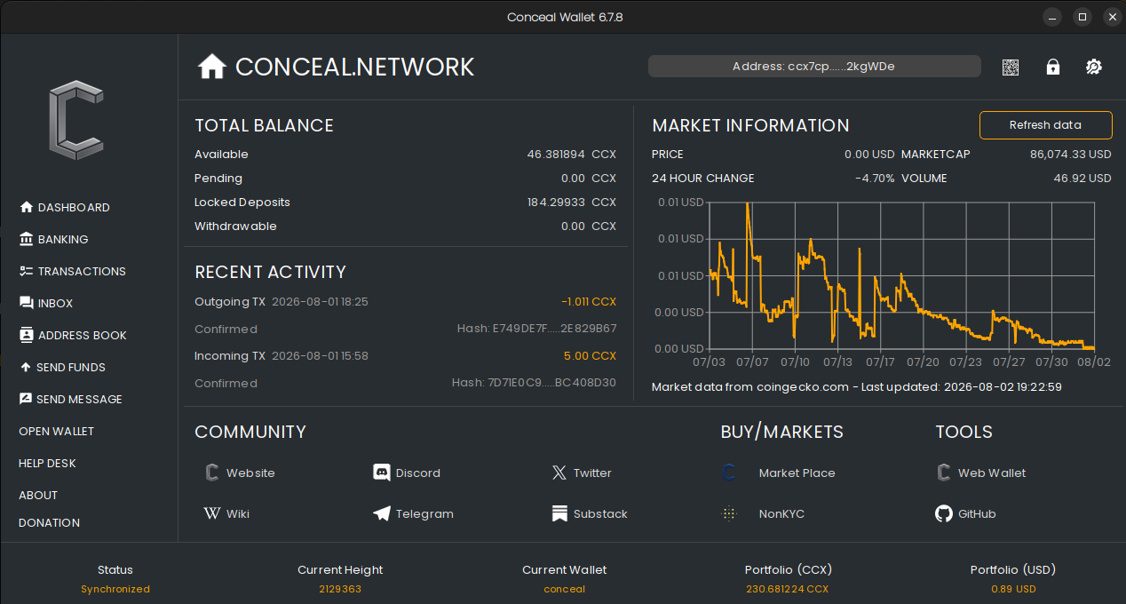 Conceal Desktop Wallet 6.7.8 dashboard with sidebar navigation, truncated address, balances, recent activity and market information.