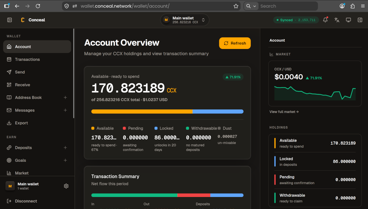 Next Wallet account overview with available, locked and pending balances and a market panel.