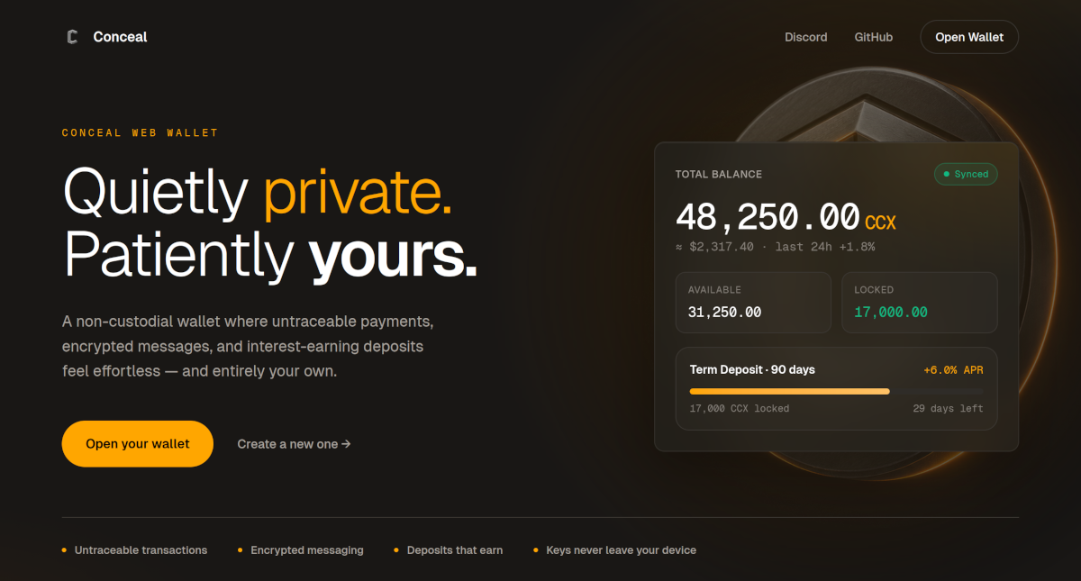 Conceal Next Wallet landing page with Open your wallet and Create a new one actions.